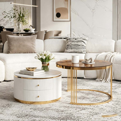 Modern 2 Pieces White Round Nesting Coffee Table with Drawers