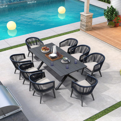  Ensemble de salle à manger d'extérieur pour 8 tables de patio en aluminium 9 pièces toutes saisons et chaises en corde tissée Coussins inclus pour la cour intérieure Ensemble de meubles de patio gris et bleu marine