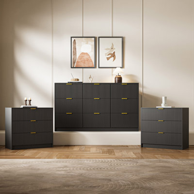 Ensemble de chambre à coucher 3 pièces, commode 9 tiroirs et table de chevet 3 tiroirs