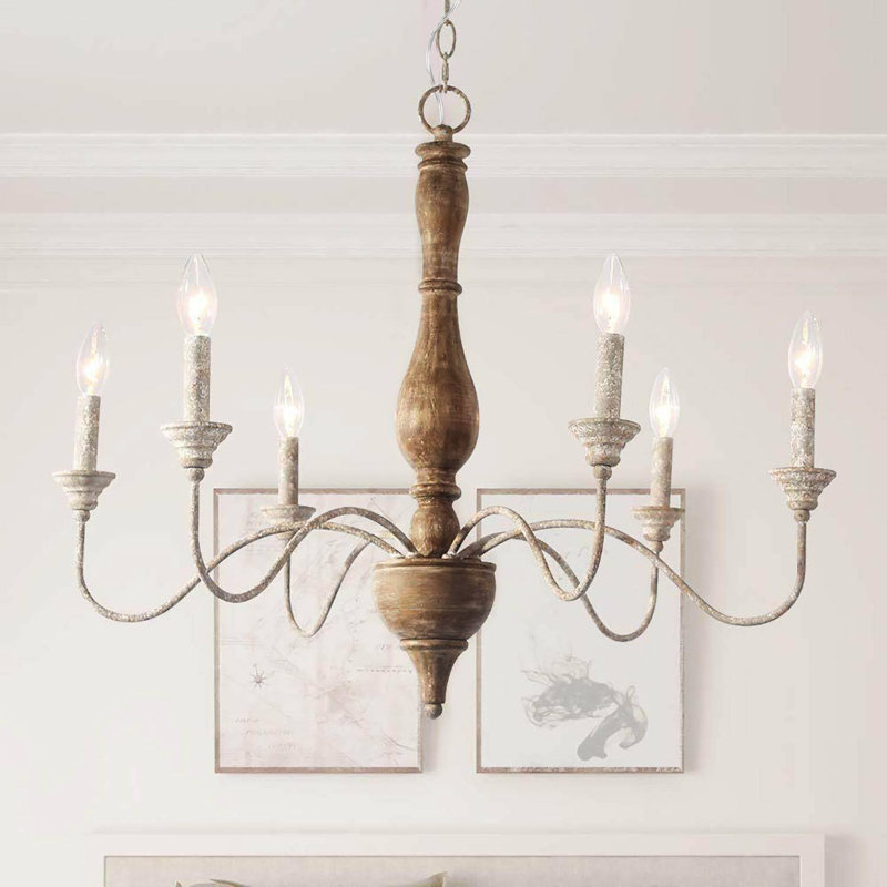 Marcus 6 - Light 29.5“ Farmhouse French Country Candle Style Chandelier, Antique White/ Brown Duplicate