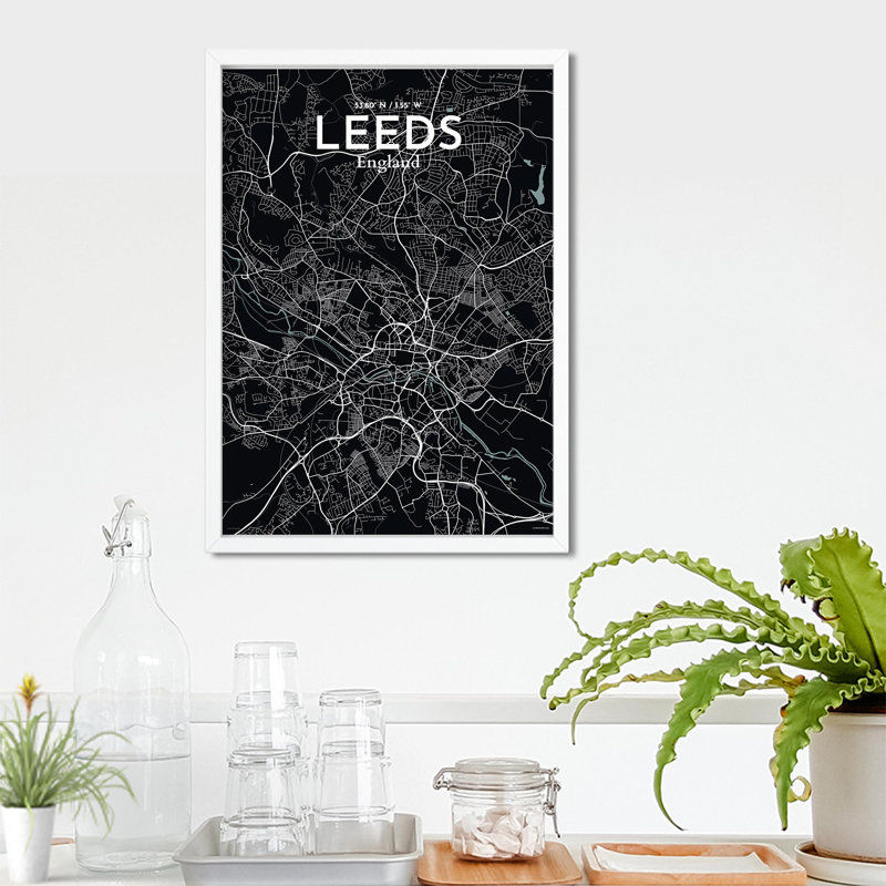 Carte de la ville de Leeds, impression, Gris / noir, H 27,6 po x l 19,7 po
