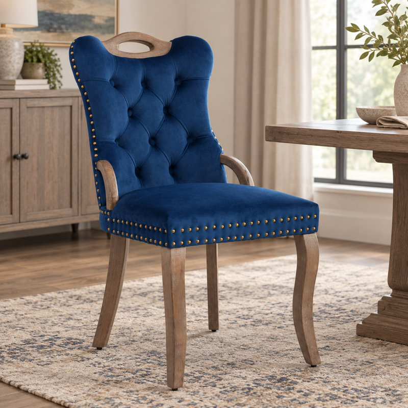Ensemble de 2 fauteuils de salle à manger en velours capitonné, structure en bois massif et garniture en cuivre vieilli, bleu