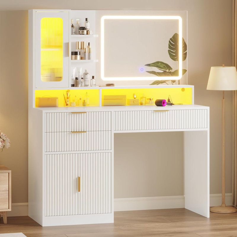 42.5" Fluted Makeup Vanity Desk With Touch Screen Mirror,Charging Station & Rgb Lights,And Lights Vanity Table With 3 Drawers & Cabinet & Shelves