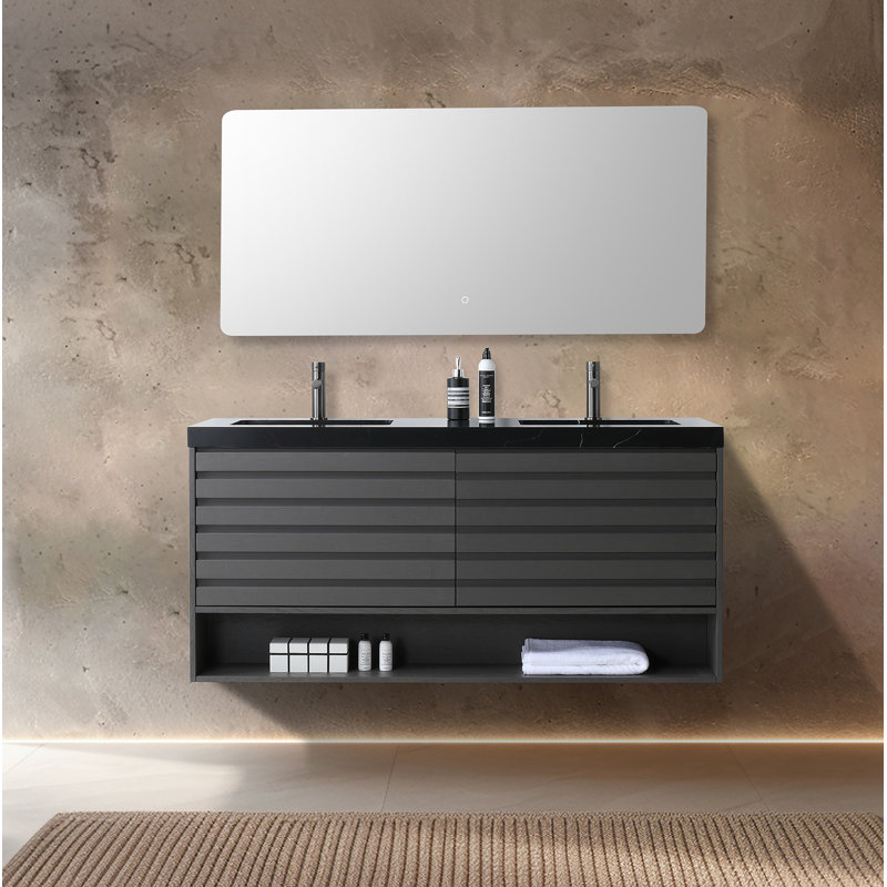 Maumelle 60'' Natural Oak Veneer Plywood Bathroom Vanity with Engineered Stone Top, Charcoal, Black