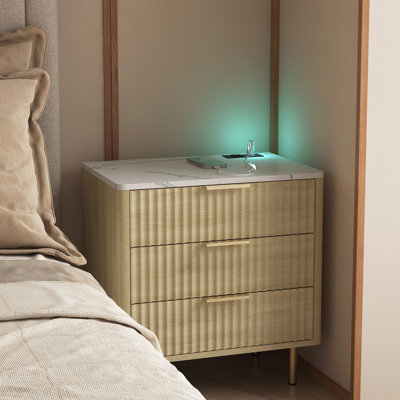 Table de chevet avec station de charge, table de chevet intelligente avec veilleuse, table de chevet moderne avec armoire de rangement pour chambre à coucher, bois