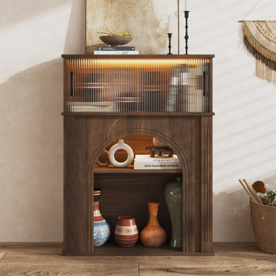 Decorative Fireplace Mantel With Storage, Glass Doors & LED Lights