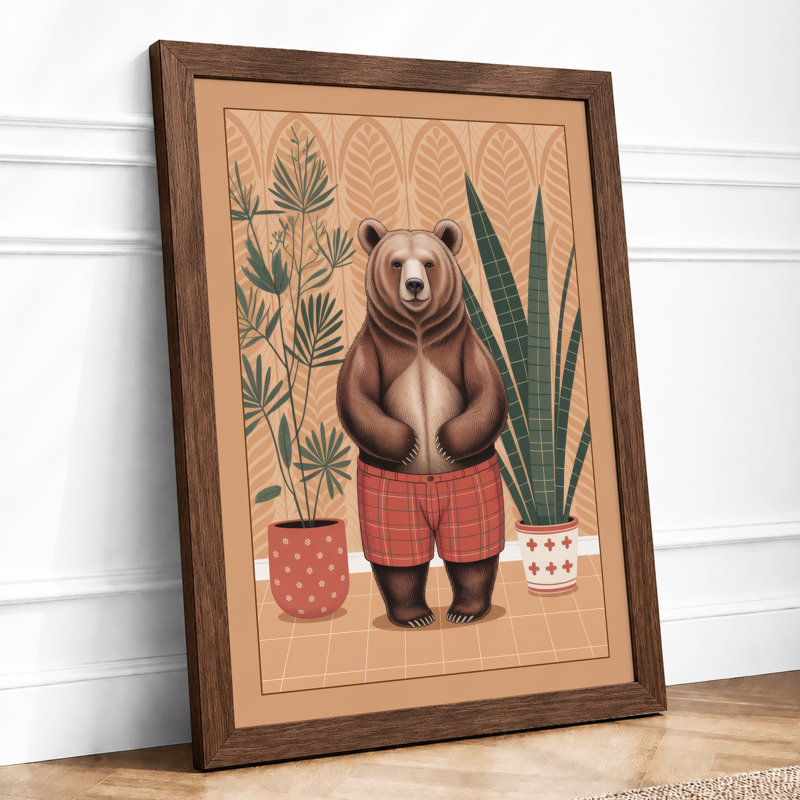 Bear Among Plants Mid-Century - Framed Print, A2 - 59.4 x 42.0 cm, Walnut