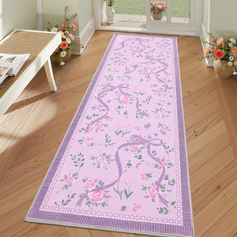 Washable Area Rug Bow Décor, Purple, Runner 2'6" x 8'