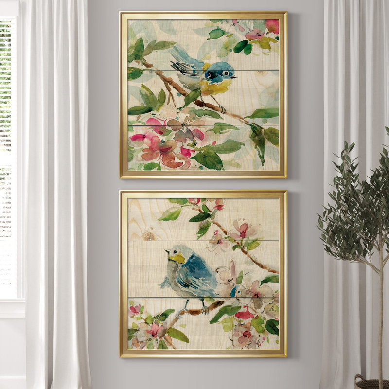 " Birds And Blossoms I " 2 - Pieces Painting Print, Picture Framed Canvas without Mat, 17.5" H x 35" W, Gold