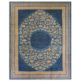1900s Blue Medallion Antique Chinese Peking Rug 9'x11' 4'' Handwoven Wool Carpet