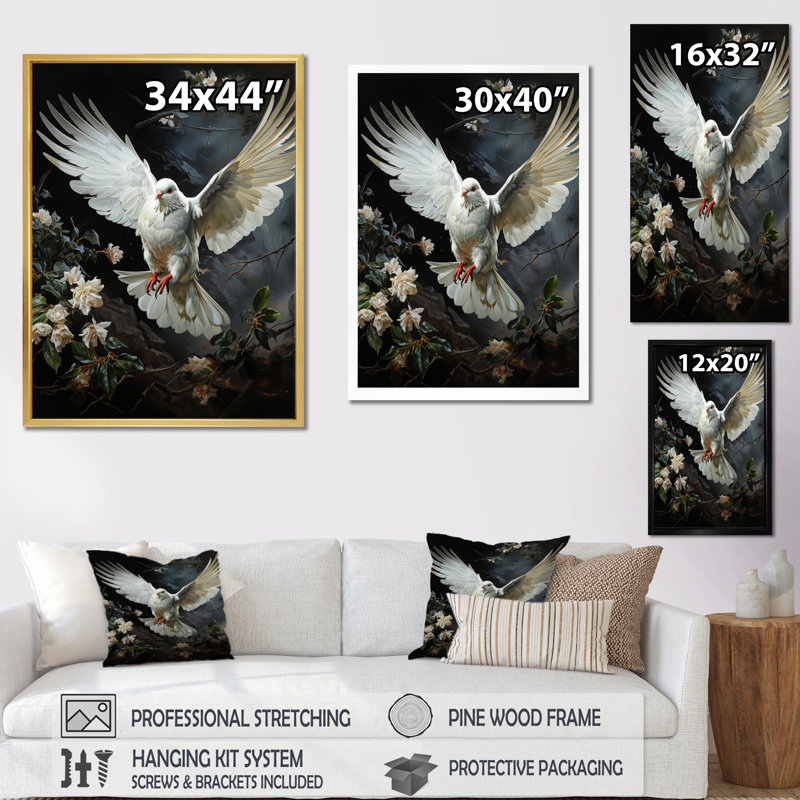 «White Dove Messenger» - art mural colombe, Cadre flottant noir, H 44 po x l 34 po x P 1,5 po
