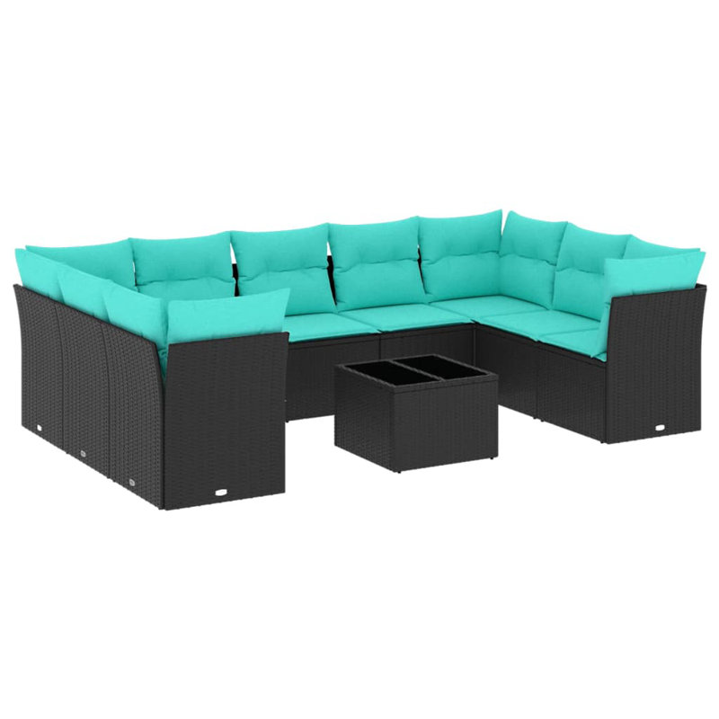 Ensemble de canapé de patio 10 pièces avec coussins en rotin de polyester, Bleu clair, Noir