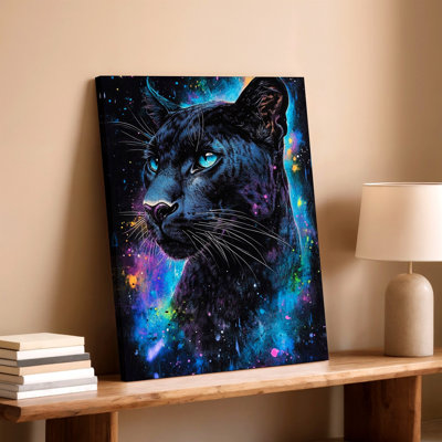 Black Panther Portrait Galaxy Neon Animal Canvas Print Home Decor Room Canvas Wall Art Print, Black Animal Decorative Artwork For Living Room Bedroom Office, Hallway Gallery Wall Home Decor