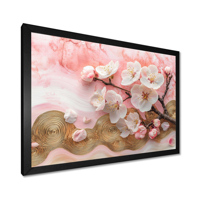 Fleur de pommier Cusick sur un dessus de rivière d'encre rose et blanche I - Art mural de fleur de pommier pour le salon