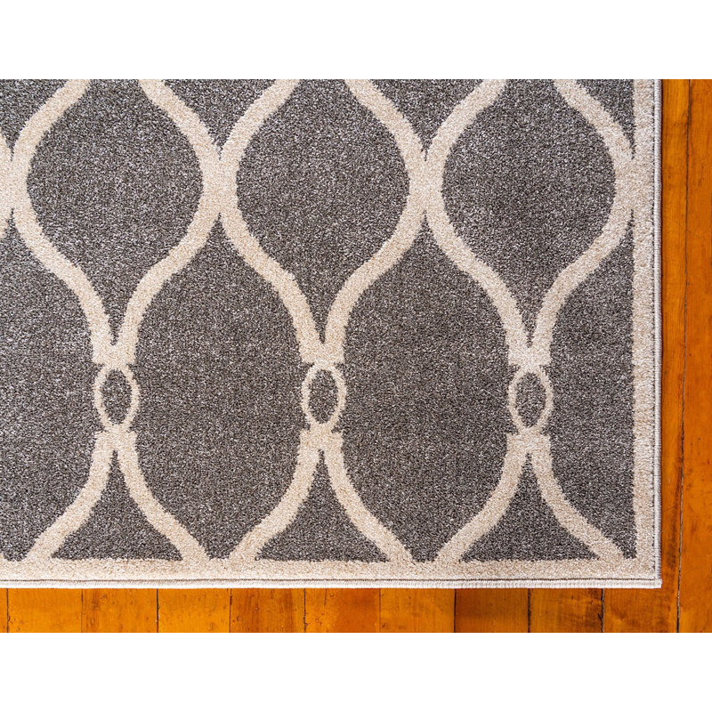 Tapis gris et crème à motif géométrique Theodora, Rond 8 pi
