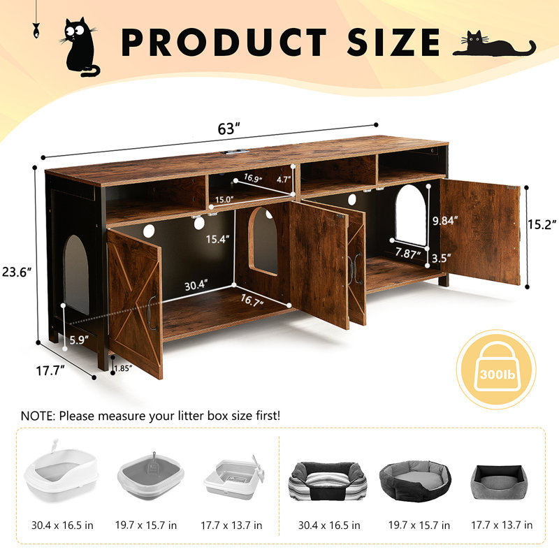 63"W Cat Litter Box Enclosure with Power Outlet, Large Double Hidden Litter Box Furniture for 2 Cats, Farmhouse Style Litter Box Cabinet TV Stand, Brown