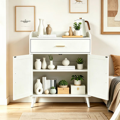 Armoire de cuisine, armoire de ferme, rangement avec 1 tiroir et 2 portes, armoire avec pieds en bois massif, buffet de plancher pour le salon, la salle à manger, la salle de bain (couleur blanche)