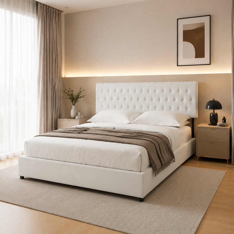 4 Drawers Upholstered Storage Bed, Cream, King