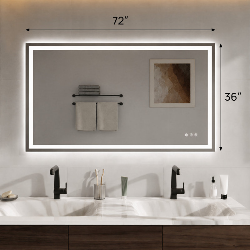 Miroir de salle de bain à DEL 72 po x H 36 po à l'avant et à l'arrière rétroéclairé - antibuée, lumière tricolore à intensité variable, capteur tactile, fixation murale horizontale / verticale
