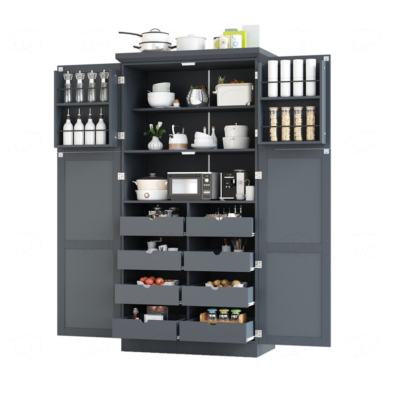 Grande armoire de rangement avec 4 portes, 2 tablettes de porte, 8 plateaux coulissants et une tablette réglable, Gris
