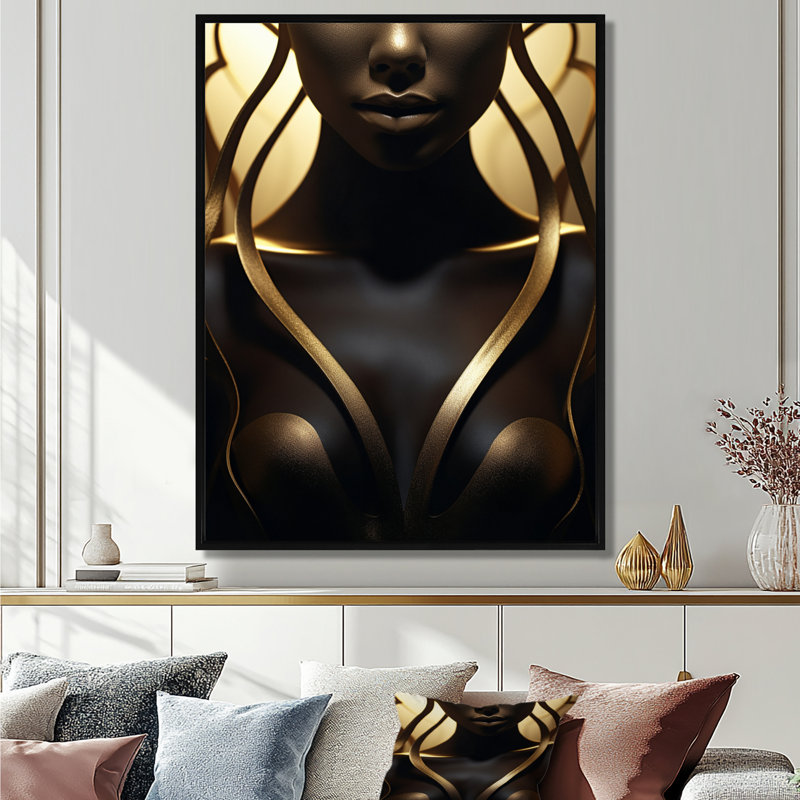 Glam Sophistication Art Nouveau Fashion Woman Wall Art Print Black Canvas  Floater Framed 20