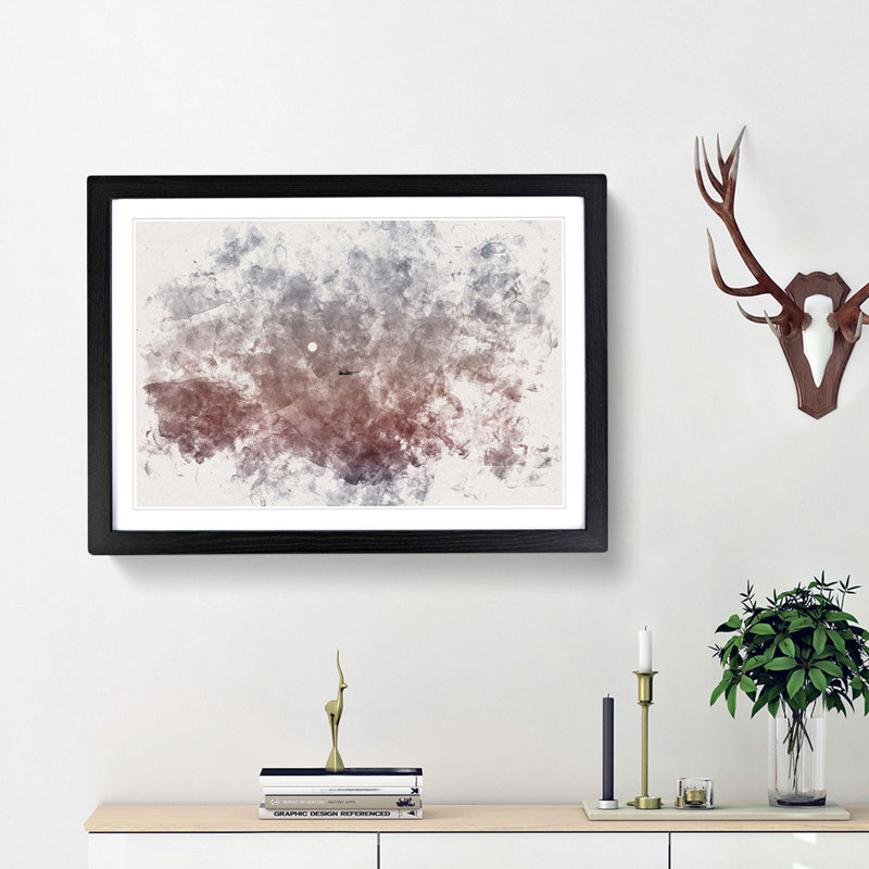 Airplane Passing the Moon Watercolour 1 Piece Single Picture Frame Wall Art on MDF, 62cm H x 87cm W x 2cm D, Black Framed