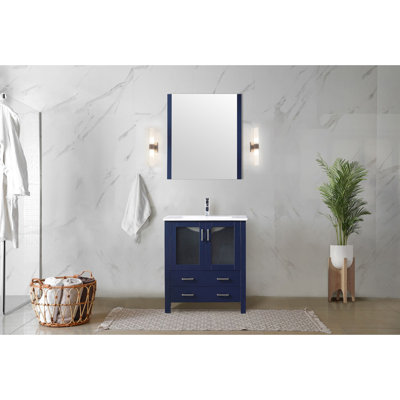 30 po W Option de meuble-lavabo de salle de bain bleu marine avec comptoir en céramique, miroir sophistiqué de 28 po, fermeture en douceur et grande largeur de rangement pour peau de lavabo raffinée, fermeture enchanteresse