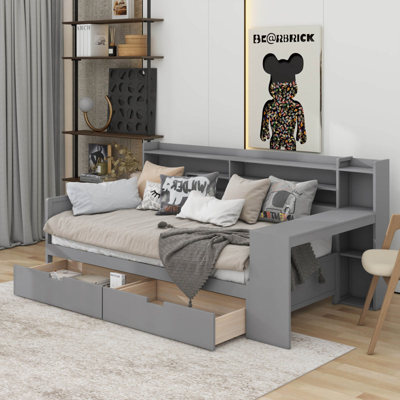 Wooden Twin Size Daybed With Storage Shelves, Multi-Functional Bed With Two Storage Drawers And Study Desk, Twin