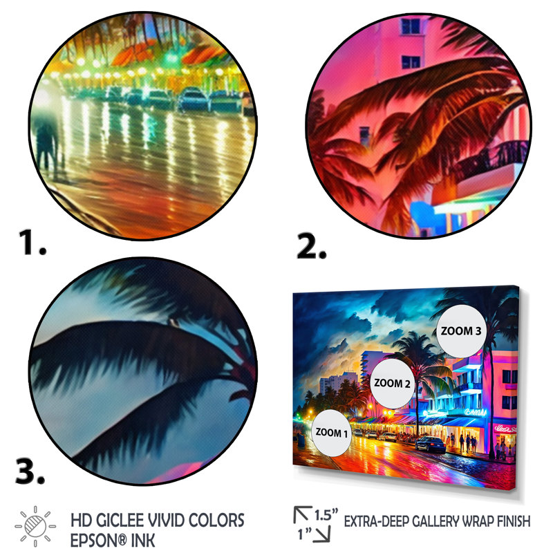 «Miami Beach Holidays 4 Architecture», reproduction sur toile, L 20 po x H 12 po, Toile avec cadre flottant noir