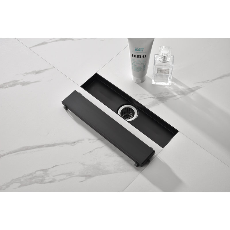 Drain de douche linéaire de 12 pouces avec couvercle plat amovible et bride, acier inoxydable, avec crépine et pieds de nivellement, noir mat