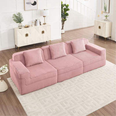 Canapé modulaire 3 places sans os, canapé modulaire Cloud avec assise profonde, canapé modulaire moderne 3 places avec coussins décoratifs Tissu velours côtelé rose