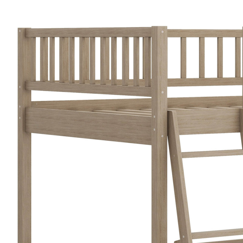 Full XL Over Queen Bunk Bed With Ladder A, Wood Bunk Bed With Safety Guardrails, Walnut