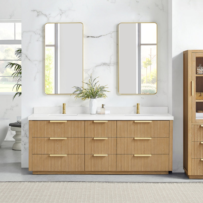Allister 84" Free-standing Double Bath Vanity in Washed Ash Grey with White Quartz Stone Top, Washed Ash Gray/Brushed Gold