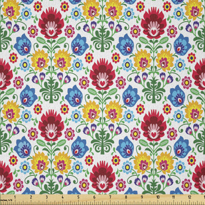 Dajea Flourish Motif with Colorful Flowers and Leaves Kaszuby Region Fabric