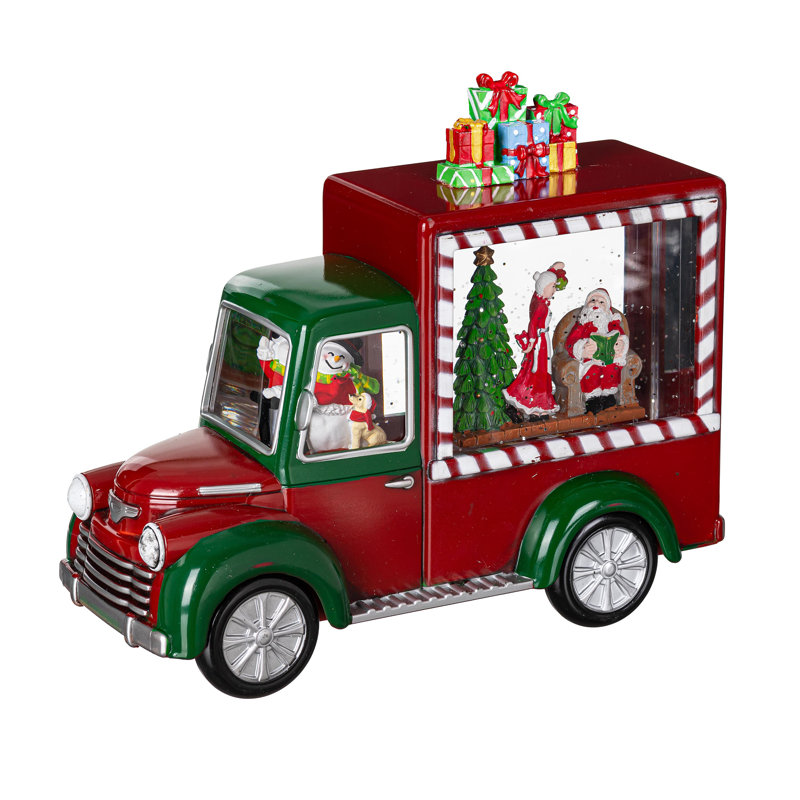 LED Santa & Mrs. Claus in Truck Plastic Water Lantern Table Décor 9.5in. L