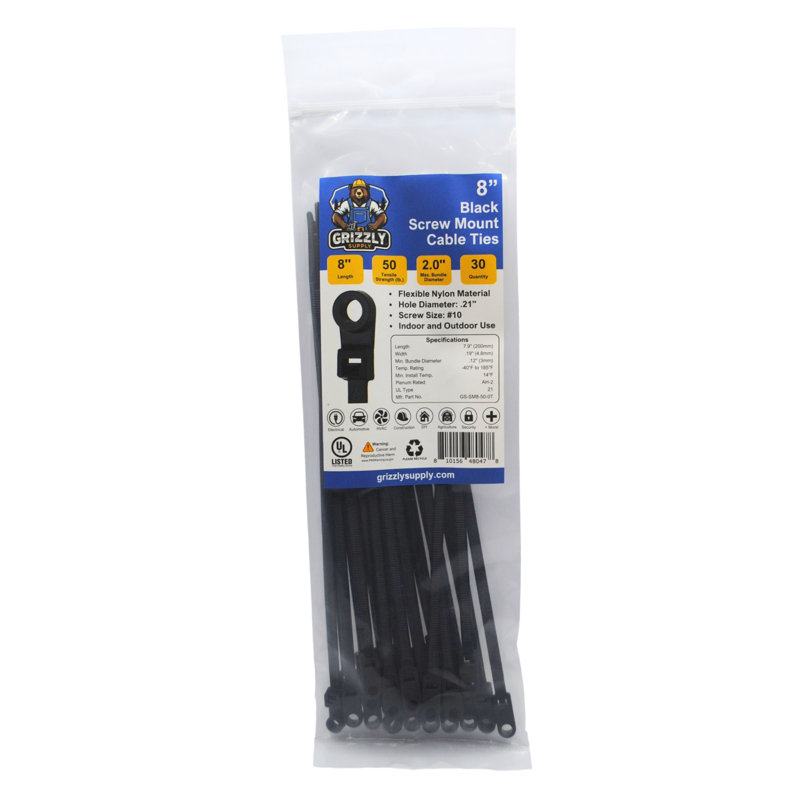 8" 50lb Screw Mount Cable Tie 30/bag, Black