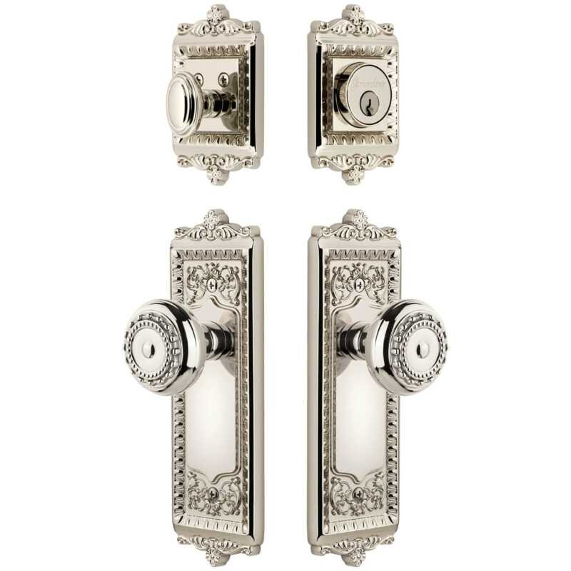 Grandeur Windsor Long Plate Entry Set with Parthenon Knob in Antique Pewter, 2.375", Polished Nickel