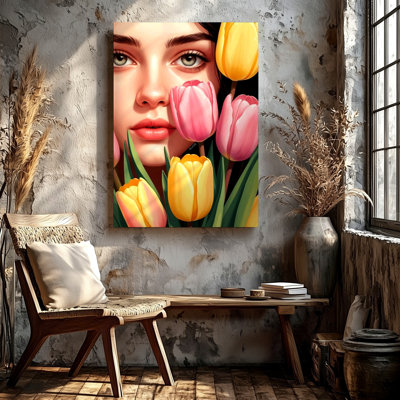Beautiful Woman Portrait White Hat Red Roses Floral Canvas Painting Canvas Wall Art Print, White Red Yellow Pink Floral Artwork For Living Room Bedroom Office, Hallway Gallery Wall,