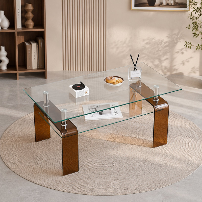 Table basse en verre trempé, table basse 2 couches, Transparent / brun