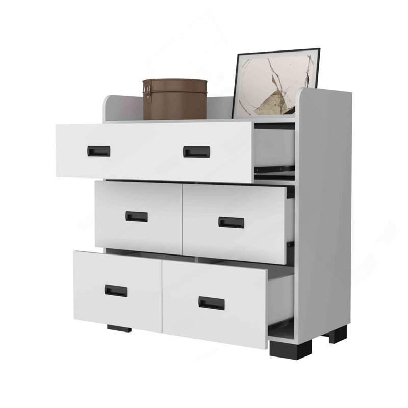 Commode Anemone, tiroir double, 4 tiroirs simples, Blanc