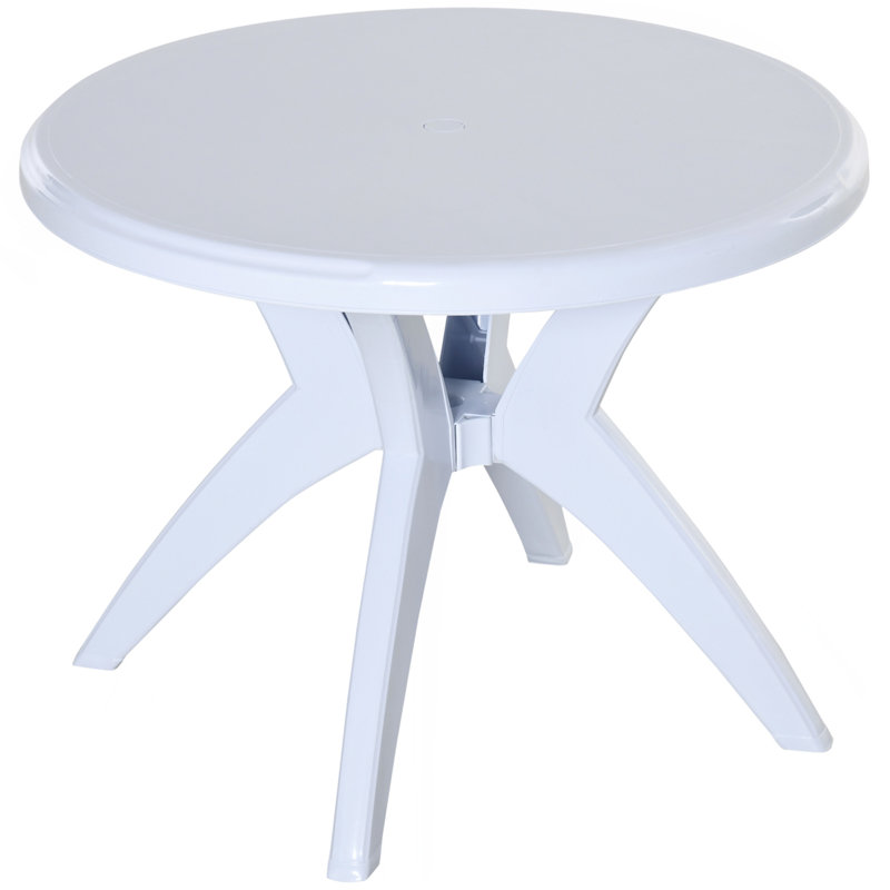 Table de patio ronde en plastique de 36,25 po de diamètre avec trou pour parasol, table de bistro d'extérieur, pour bar, jardin, cour, bord de piscine, cour, blanc