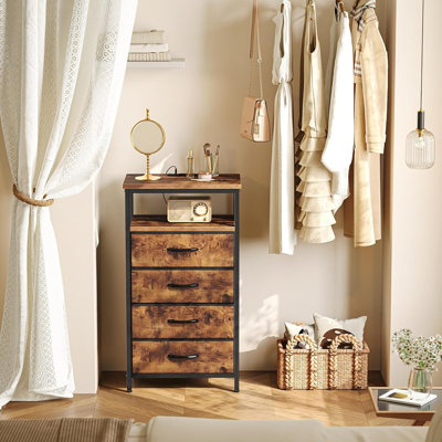 Table de chevet Melin avec station de charge, commode à 4 tiroirs pour la chambre à coucher, table de chevet, table de chevet haute de 33,9 pouces avec tablette ouverte, table de bout, pour placard, vestibule, chambre à coucher, brun rustique