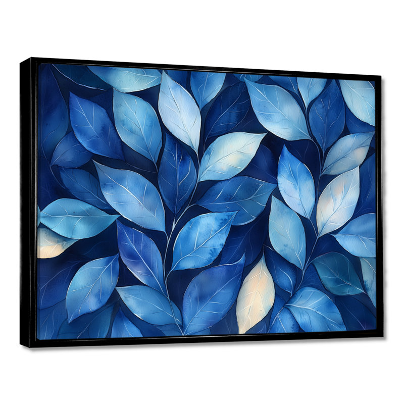 Indigo feuilles feuillage collage IV - feuilles, art mural, H 30 po x l 40 po, Impression encadrée flottante