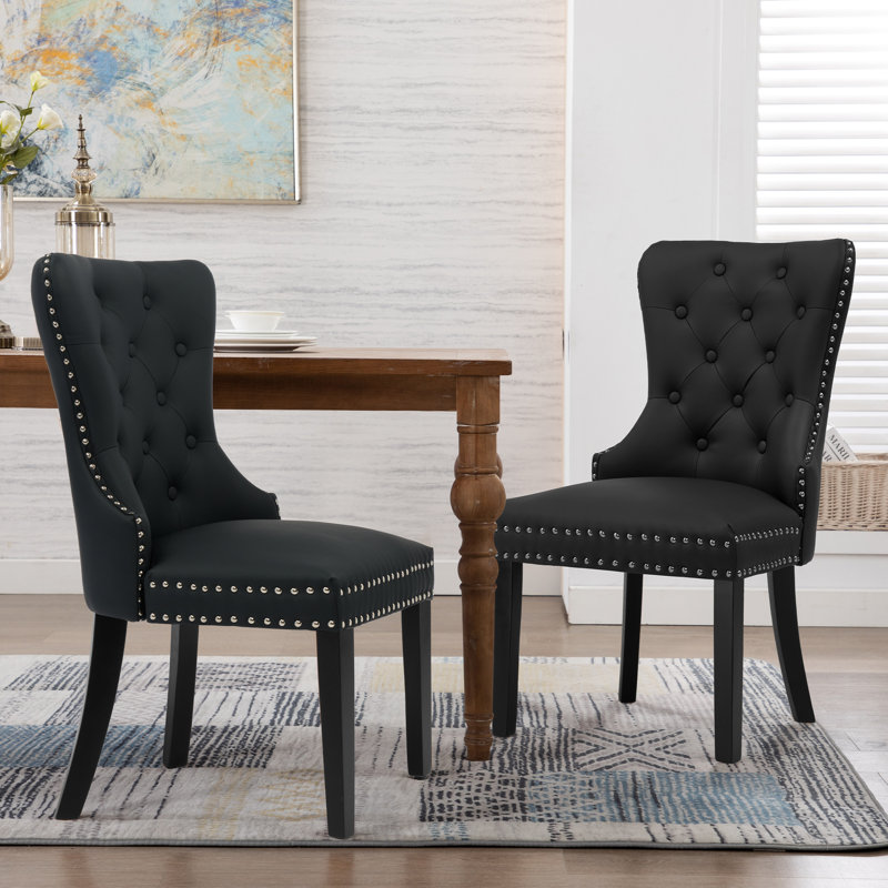 Tufted Upholstered Leather Dining Parsons Chairs, Black