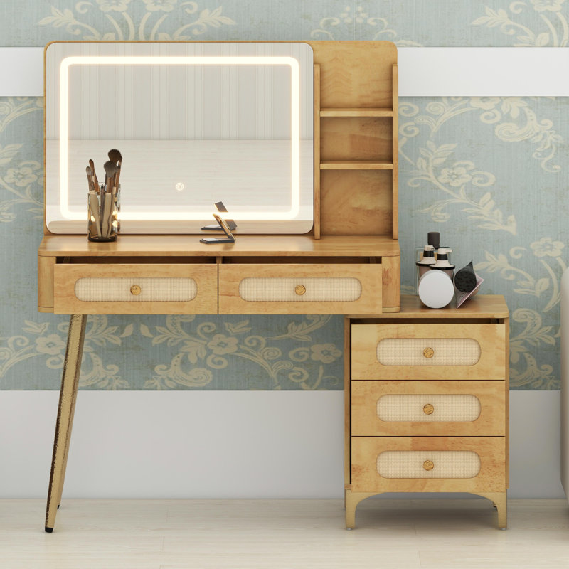 Coiffeuse avec miroir lumineux, coiffeuse rétro avec tiroirs et tablette de rangement, éclairage multimode, Naturel