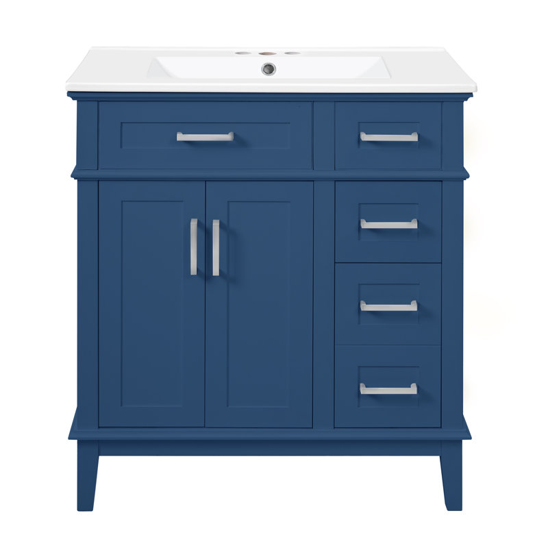 30" Bathroom Vanity With Ceramic Top, Cabinet And Drawers, Blue