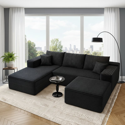 Canapé modulaire Boneless de 106 po avec méridienne en forme de U, canapé modulaire de gauche pour le salon et le bureau personnel, canapé-lit sans cadre avec siège profond, canapé rembourré avec mousse à mémoire de forme (tissu de velours côtelé, noir)