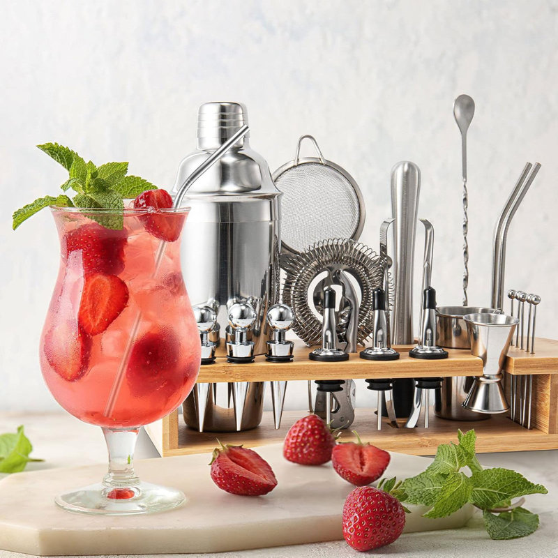 Ensemble 26 pièces shaker en acier inoxydable avec support en bambou - Ensemble barman professionnel