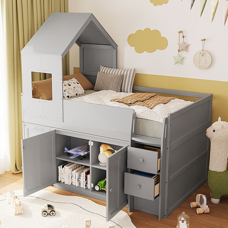Wooden Loft Bed With Desk, Drawers,Cabinets, Gray