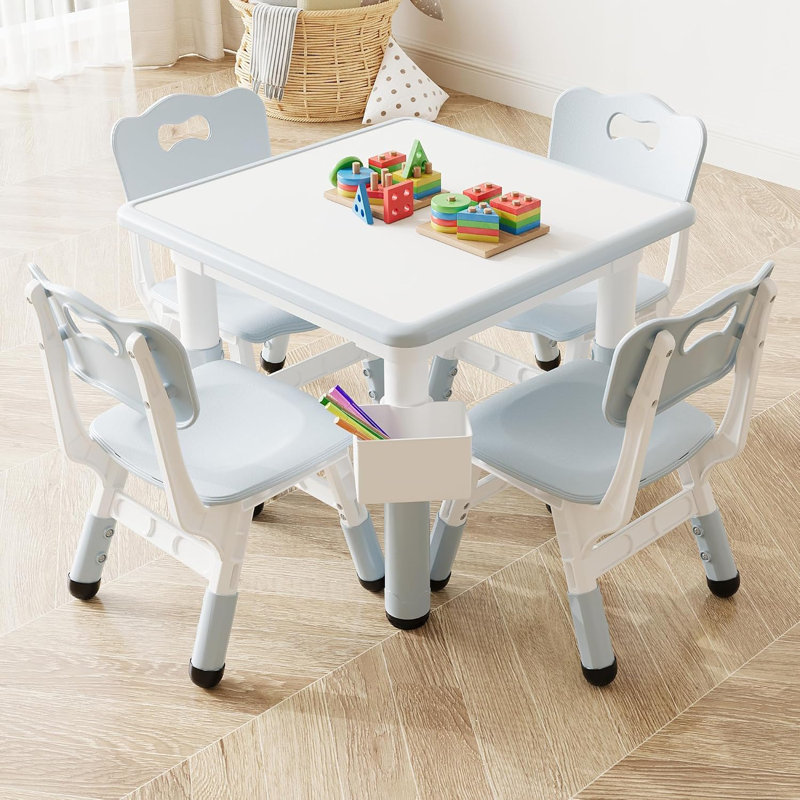 Ensemble de table et 4 chaises pour enfants, hauteur réglable – Surface tableau blanc, bords arrondis, pieds antidérapants, facile à nettoyer, multi-activités pour lire, dessiner, jouer, salle de jeux – Gris pâle, bureau tableau blanc